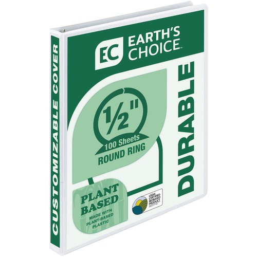 Samsill Earth's Choice Plant-based Durable View Binder - 1/2" Binder Capacity - Letter - 8 1/2" x 11" Sheet Size - 100 Sheet Capacity - 3 x Round Ring Fastener(s) - 2 Internal Pocket(s) - Plastic, Chipboard - White - 8 oz - Recycled - Bio-based, Acid-free