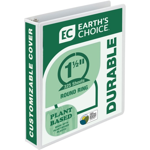 Samsill Earth's Choice Plant-based Durable View Binder - 1 1/2" Binder Capacity - Letter - 8 1/2" x 11" Sheet Size - 325 Sheet Capacity - 3 x Round Ring Fastener(s) - 2 Internal Pocket(s) - Chipboard, Plastic - White - 12.80 oz - Recycled - Customizable S