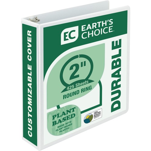 Samsill Earth's Choice Plant-based Durable View Binder - 2" Binder Capacity - Letter - 8 1/2" x 11" Sheet Size - 425 Sheet Capacity - 3 x Round Ring Fastener(s) - 2 Internal Pocket(s) - Plastic, Chipboard - White - 1 lb - Recycled - Customizable Spine/Cov
