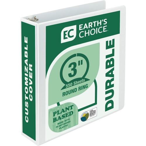 Samsill Earth's Choice Plant-based Durable View Binder - 3" Binder Capacity - Letter - 8 1/2" x 11" Sheet Size - 550 Sheet Capacity - 3 x Round Ring Fastener(s) - 2 Internal Pocket(s) - Chipboard, Plastic - White - 1.33 lb - Recycled - PVC-free, Acid-free
