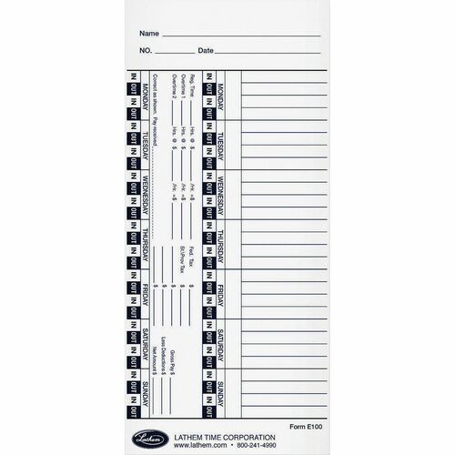 Lathem Universal Time Cards - 100 Sheet(s) - 4" x 9" Sheet Size - White - White Sheet(s) - 100 / Pack