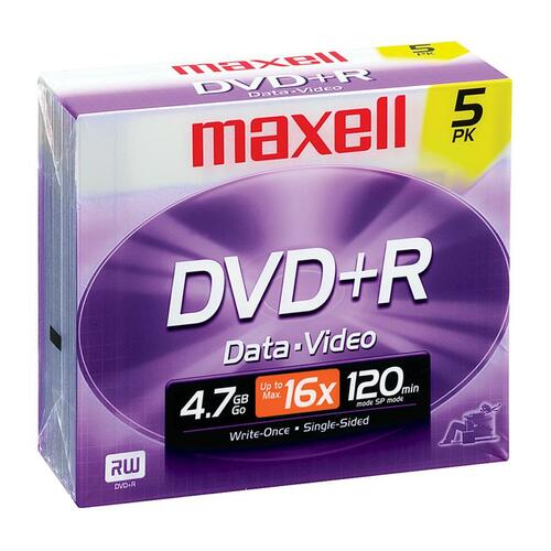 Maxell DVD Recordable Media - DVD+R - 16x - 4.70 GB - 5 Pack Jewel Case - 120mm - 2 Hour Maximum Recording Time