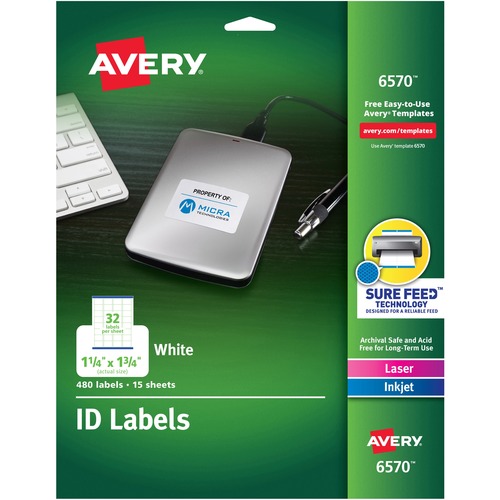 Avery® Laser Inkjet Printer Permanent ID Labels - 1 1/4" Width x 1 3/4" Length - Permanent Adhesive - Rectangle - Laser, Inkjet - White - Paper - 32 / Sheet - 15 Total Sheets - 480 Total Label(s) - 5