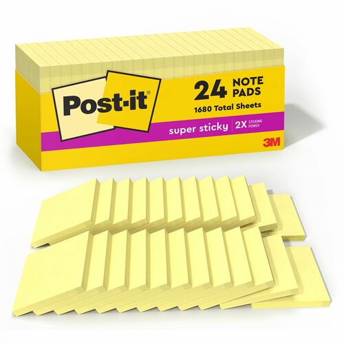 Post-it® Super Sticky Notes - 1680 - 3" x 3" - Square - 90 Sheets per Pad - Unruled - Canary Yellow - Paper - Self-adhesive, Repositionable - 24 / Pack