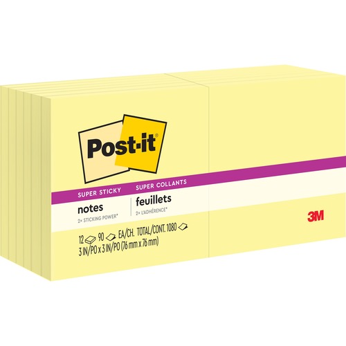 Post-it® Super Sticky Dispenser Notes - 1080 - 3" x 3" - Square - 90 Sheets per Pad - Unruled - Canary Yellow - Paper - Self-adhesive, Repositionable - 12 / Pack