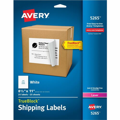 Avery® Shipping Labels - TrueBlock - 8 1/2" Width x 11" Length - Permanent Adhesive - Rectangle - Laser, Inkjet - White - 1 / Sheet - 25 / Pack - Jam-free, Smudge-free