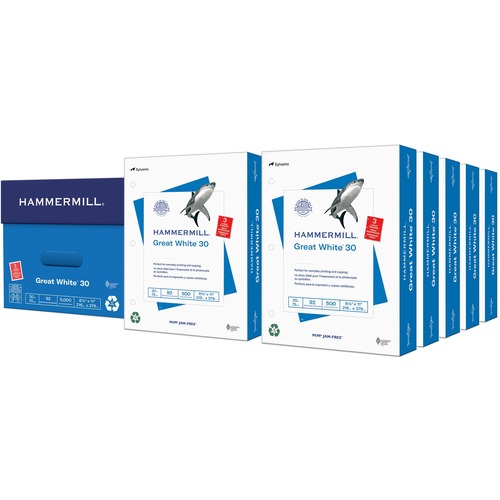 Hammermill Great White 3HP Recycled Copy Paper - White - 92 Brightness - Letter - 8 1/2" x 11" - 20 lb Basis Weight - Acid-free, Moisture Resistant, Pre-punched, Archival-safe, Jam-free - White - 500 Sheets per Ream - 10 / Carton