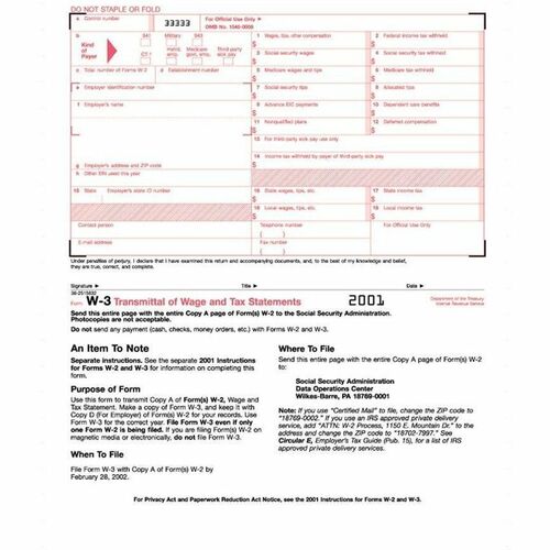 TOPS Continuous W-3 Transmittal of Wage Form - 2 Part - Carbon Copy - 9.50" x 11" Sheet Size - White Sheet(s) - 10 / Pack