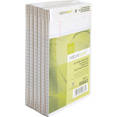 Nature Saver 100% Recycled White Jr. Rule Legal Pads - Jr.Legal - 50 Sheets - 0.28" Ruled - 15 lb Basis Weight - 5" x 8" - White Paper - Perforated, Back Board - Recycled - Letter, Legal & Jr. Pads - NAT00863