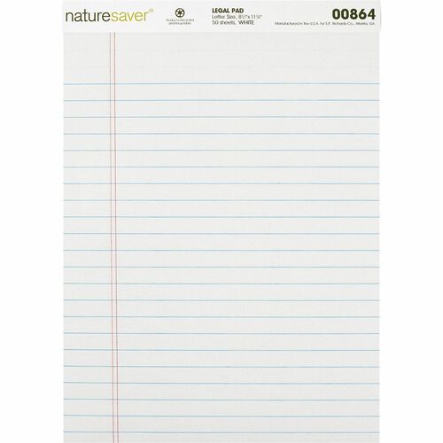 Nature Saver Recycled Legal Ruled Pads - 50 Sheets - 0.34" Ruled - 15 lb Basis Weight - 8 1/2" x 11 3/4" - White Paper - Perforated, Stiff-back, Easy Tear, Back Board - Recycled - 12 / Dozen