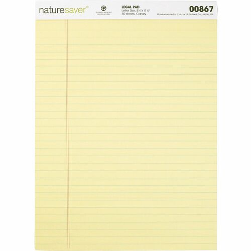 Nature Saver 100% Recycled Canary Legal Ruled Pads - 50 Sheets - 0.34" Ruled - 15 lb Basis Weight - 8 1/2" x 11 3/4" - Canary Paper - Perforated, Stiff-back, Back Board, Easy Tear - Recycled - 12 / Dozen