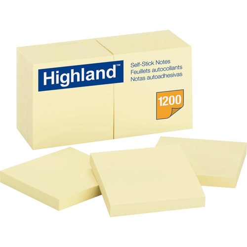 Highland Self-Sticking Notepads - 1200 - 3" Flag/Note Width x 3" Flag/Note Length - Square - 100 Sheets per Pad - Unruled - Yellow - Paper - Self-adhesive - 12 / Pack