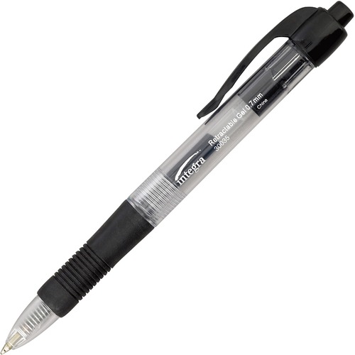 Integra Retractable 0.7mm Gel Pens - Medium Pen Point - 0.7 mm Pen Point Size - Retractable - Black Gel-based Ink - Clear Barrel - Metal Tip - 12 / Dozen