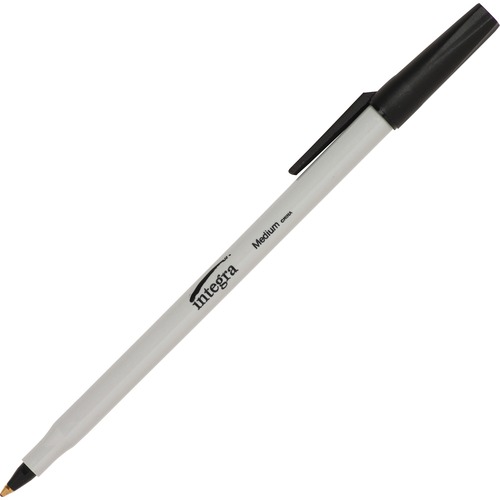 Integra Ballpoint Stick Pens - Medium Pen Point - Black - Light Gray Barrel - 12 / Dozen