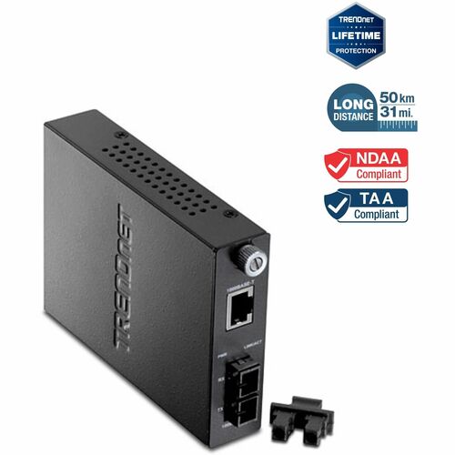 TRENDnet 1000Mase-T to 1000-Base-LX Single Mode Fiber Converter(50KM) - New - 1 x Network (RJ-45) - 1 x SC Ports - DuplexSC Port - Single-mode - Gigabit Ethernet - 1000Base-T, 1000Base-LX - 50 km - Wall Mountable