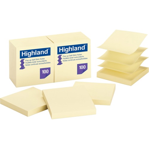 Highland Self-sticking Notepads - 1200 - 3" x 3" - Square - 100 Sheets per Pad - Unruled - Yellow - Paper - Self-adhesive, Repositionable, Removable, Pop-up - 12 / Pack