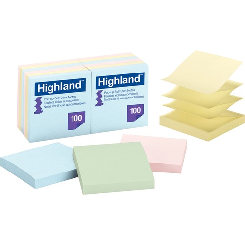 Highland Self-sticking Pastel Pop-up Notepads - 1200 - 3" x 3" - Square - 100 Sheets per Pad - Unruled - Assorted Pastel - Paper - Pop-up, Self-adhesive, Repositionable, Removable - 12 / Pack
