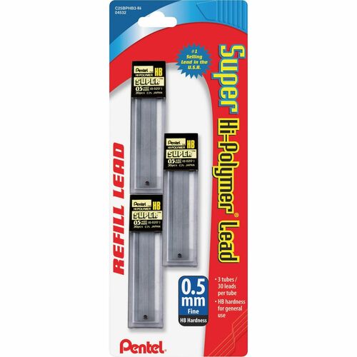 Pentel Super Hi-Polymer Leads - 0.5 mm , Fine Point - HB - Graphite Lead - 30/Tube - 3 / Pack