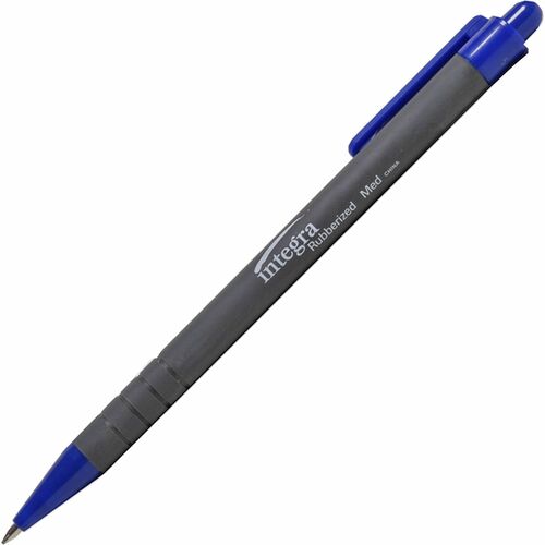 Integra Rubber Barrel Retractable Ballpoint Pens - Medium Pen Point - 1 mm Pen Point Size - Retractable - Blue - Rubber Barrel - 12 / Dozen