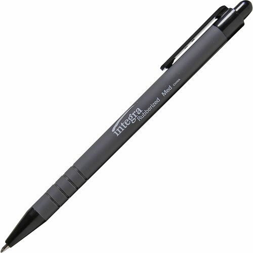 Integra Rubber Barrel Retractable Ballpoint Pens - Medium Pen Point - 1 mm Pen Point Size - Retractable - Black - Rubber Barrel - 12 / Dozen