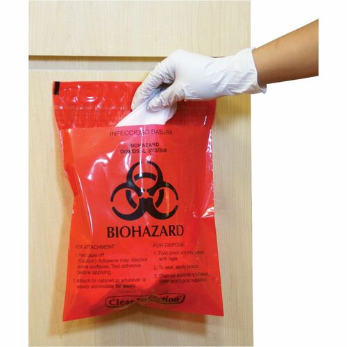 CareTek Stick-On Biohazard Infectious Waste Bags - 1.40 quart Capacity - 12" Width x 14" Length - 2 mil (51 Micron) Thickness - Red - 100/Box