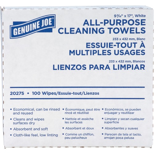 Genuine Joe All-Purpose Cleaning Towels - 16.50" x 9.50" - White - Fabric - Soft, Reusable, Absorbent, Non-abrasive, Medium Duty - 100 Per Box - 100 / Box