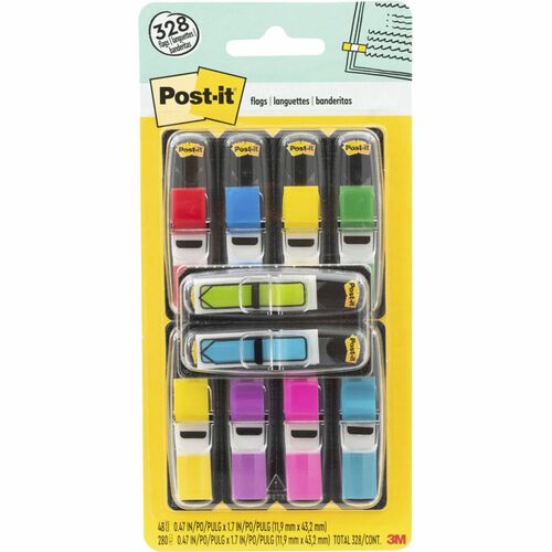 Post-it® 1/2" Flag Value Pack with 48 Arrow Flags - 10 Total Dispensers - 328 - 0.50" - Rectangle, Arrow - Unruled - Red, Blue, Yellow, Green, Purple, Pink, Bright Blue, Bright Green, Assorted - Removable, Self-adhesive