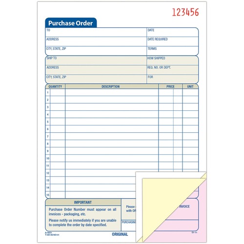 Adams 3-Part Carbonless Purchase Order Forms - 3 PartCarbonless Copy - 5.56" x 8.43" Sheet Size - 1 Each