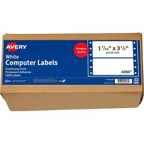 Avery® Continuous Form Computer Labels, Permanent Adhesive, 3-1/2" x 1-7/16" , 5,000 Labels (4060) - 3 1/2" Height x 1 7/16" Width - Permanent Adhesive - Dot Matrix - Bright White - 1 / Sheet - 5000 Total Label(s) - 5000 / Box - Pin Fed Labels - AVE04060