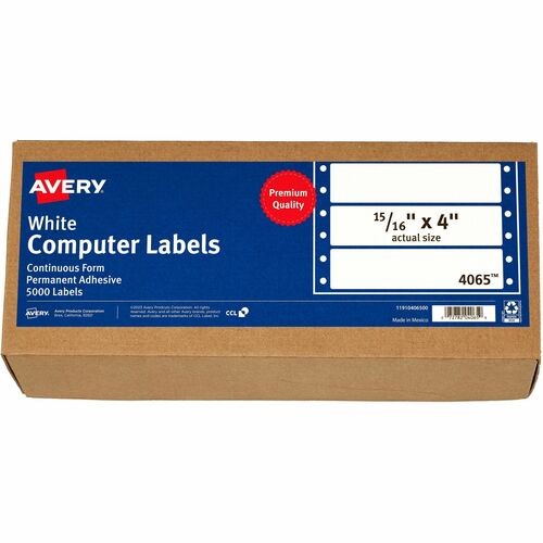 Avery® Continuous Form Computer Labels, Permanent Adhesive, 4" x 15/16" , 5,000 Labels - 15/16" Height x 4" Width - Permanent Adhesive - Rectangle - Dot Matrix - Bright White - Paper - 1 / Sheet - 5000 Total Label(s) - Permanent Adhesive, Peel & Stick