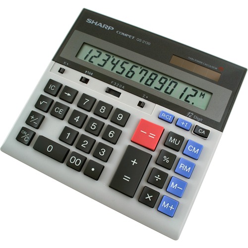 Sharp Calculators QS-2130 12-Digit Commercial Desktop Calculator - 4-Key Memory, Sign Change, Backspace Key, Auto Power Off - 1 Line(s) - 12 Digits - LCD - Battery/Solar Powered - 0.7" x 7.3" x 6.9" - Gray - 1 Each