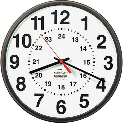 SKILCRAFT 12/24 Hour Wall Clock - Analog - Quartz - White Main Dial - Brown/Plastic Case