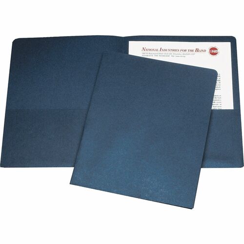 SKILCRAFT Double Pocket Portfolio - 8 1/2" x 11" - 3/8" Expansion - 2 Pocket(s) - LeatherGrain - Dark Blue - 30% Recycled - 25 / Box