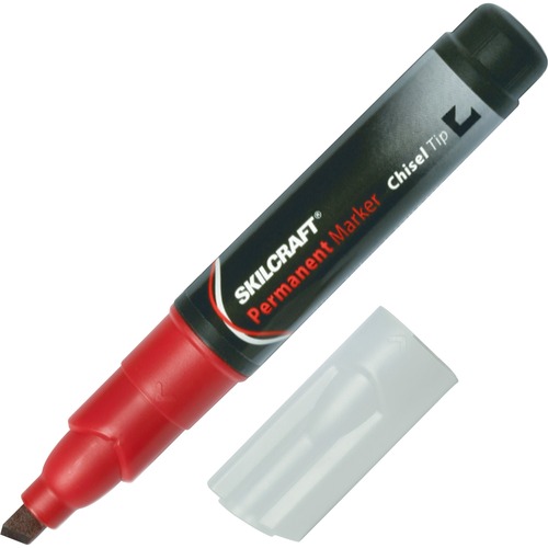 SKILCRAFT Tube Type Permanent Board Marker - Fine Marker Point - Chisel Marker Point Style - Red - 1 Dozen