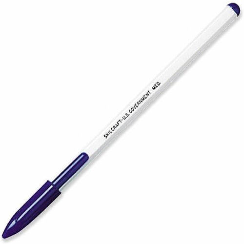 SKILCRAFT Stick Pen - Medium Pen Point - Blue - White Barrel - 1 Dozen