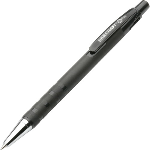 SKILCRAFT Rubberized Barrel Retractable Ballpoint Pen - Fine Pen Point - Refillable - Retractable - Black - Rubber Barrel - 1 Dozen