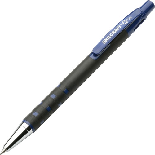 SKILCRAFT Rubberized Barrel Retractable Ballpoint Pen - Fine Pen Point - Refillable - Retractable - Blue - Rubber Barrel - 1 Dozen