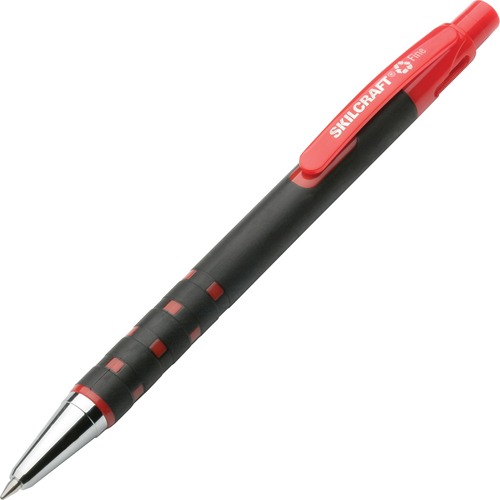 SKILCRAFT Rubberized Barrel Retractable Ballpoint Pen - Fine Pen Point - Refillable - Retractable - Red - Rubber Barrel - 1 Dozen