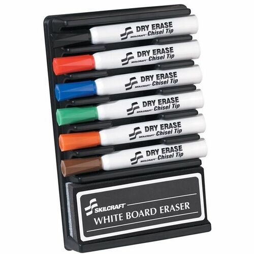 SKILCRAFT Dry Erase 6-Color Assorted Marker - Chisel Marker Point Style - Orange, Black, Black, Red, Blue, Green, Brown - 6 / Set