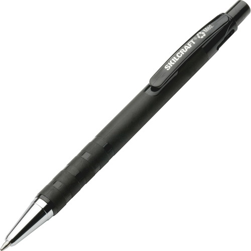 SKILCRAFT Ballpoint Pen - Medium Pen Point - Refillable - Retractable - Black - Rubber Barrel - 1 Dozen