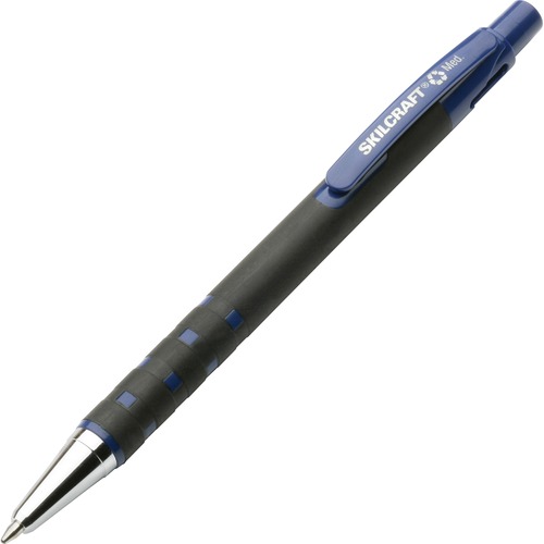 SKILCRAFT Rubberized Barrel Retractable Ballpoint Pen - Medium Pen Point - Refillable - Blue - Rubber Barrel - 1 Dozen