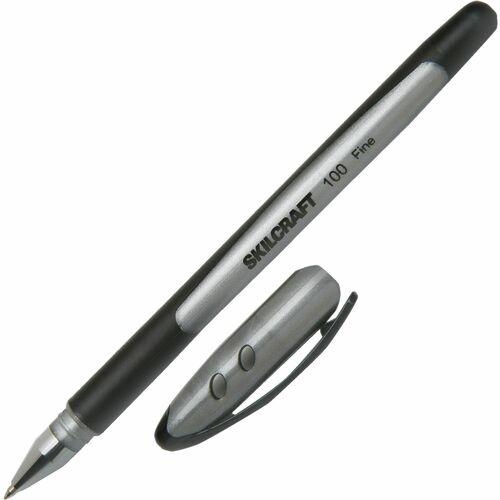 SKILCRAFT 100 Ballpoint Stick Pen - Fine Pen Point - 0.7 mm Pen Point Size - Black - Metallic Black Barrel - 1 Dozen