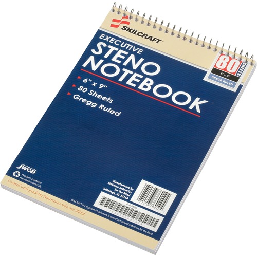 SKILCRAFT Executive Steno Notebooks - 80 Sheets - Spiral - 0.38" Ruled - Gregg Ruled Margin - 15 lb Basis Weight - 6" x 9" - White Paper - Chlorine-free, Durable Cover - 12 / Pack