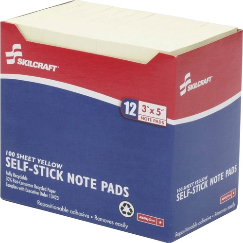 SKILCRAFT Self-Stick Note Pad - 3" x 5" - Yellow - Paper - 12 / Pack