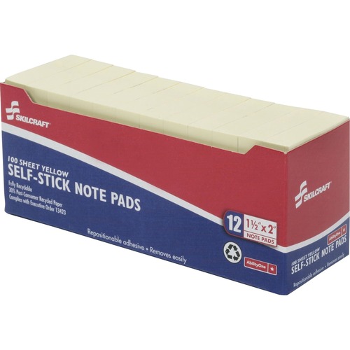 SKILCRAFT Self-Stick Note Pad - 1.5" x 2" - Yellow - Paper - 12 / Pack