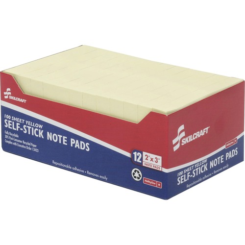 SKILCRAFT Self-Stick Note Pad - 2" x 3" - Yellow - Paper - 12 / Pack