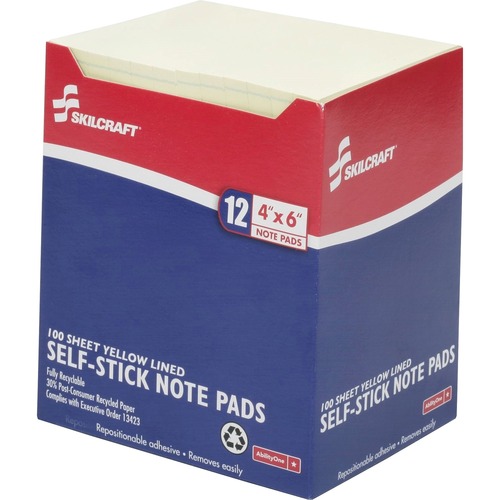 SKILCRAFT Self-Stick Note Pad - 4" x 6" - Yellow - Paper - 12 / Pack - Front Ruling Type: Ruled