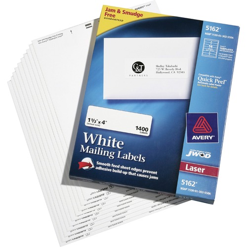 SKILCRAFT Mailing Labels - 4" Width x 1 21/64" Length - Rectangle - Laser - White - 14 / Sheet - 1400 / Box - Smudge-free, Jam-free, Self-adhesive