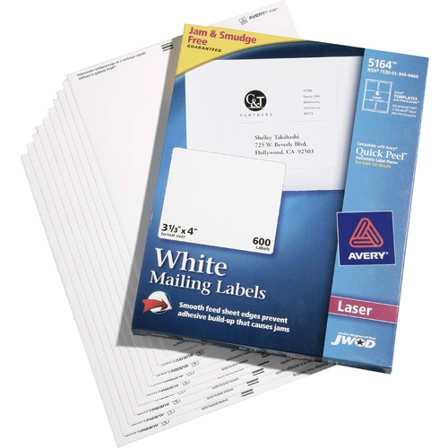SKILCRAFT Self-Adhesive Labels - 4" Width x 3 21/64" Length - Permanent Adhesive - Rectangle - Laser - White - 6 / Sheet - 600 / Box - Smudge-free, Jam-free, Self-adhesive, Easy Peel