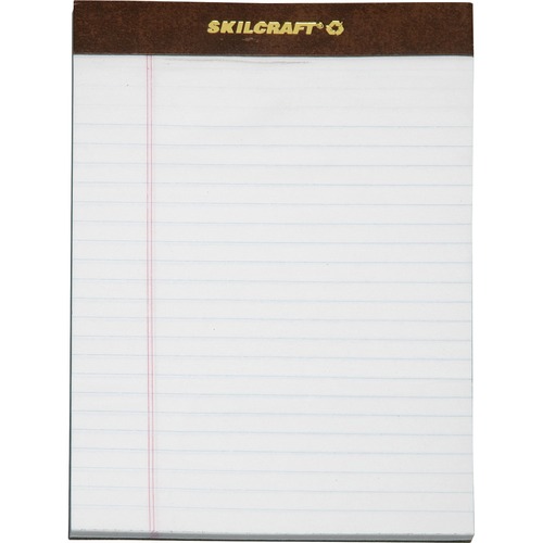 SKILCRAFT Perforated Writing Pad - 50 Sheets - 16 lb Basis Weight - 5" x 8" - White Paper - Back Board, Perforated, Leatherette Head Strip, Heavyweight - Recycled - 1 Dozen